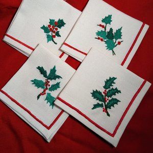 Set Of 4 Ivory Holiday Theme Embroidered Napkins Ireland  Linen/Poly New 9"